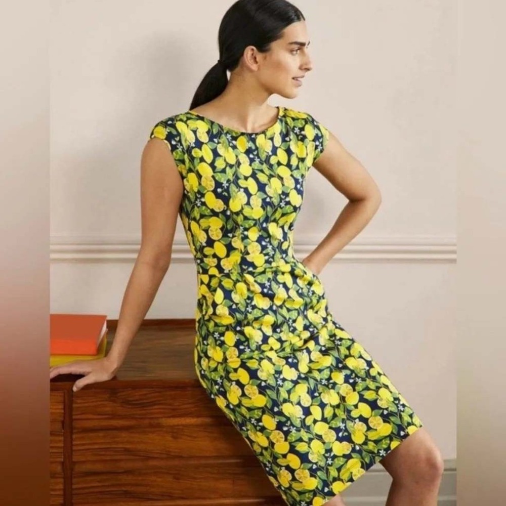 Boden Florrie Jersey Dress 4 French Navy Lemon Vine Fruit Novelty All Cotton Mod